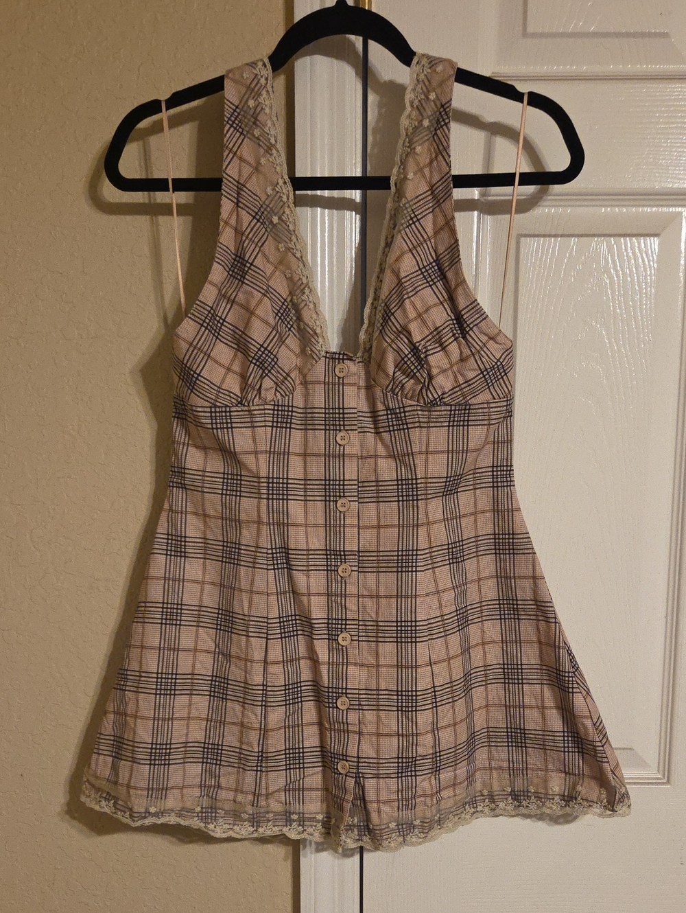 Lioness Beige and Navy Plaid Button-Front Mini Dress